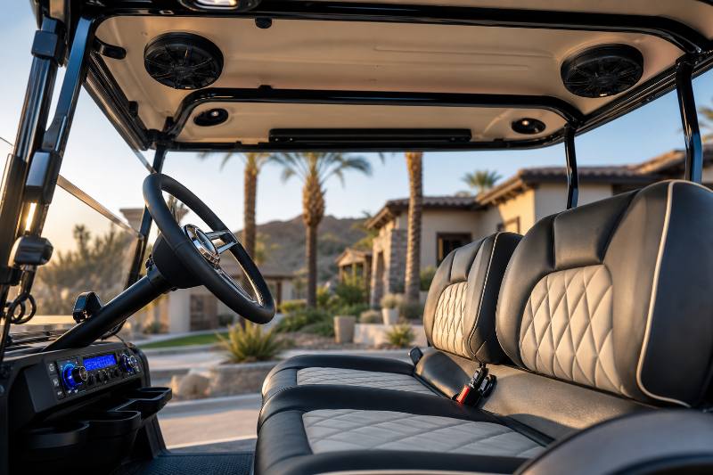 Golf Cart Accessories Phoenix - Customized golf cart with a lift kit, all-terrain tires, and LED lights parked in a desert landscape