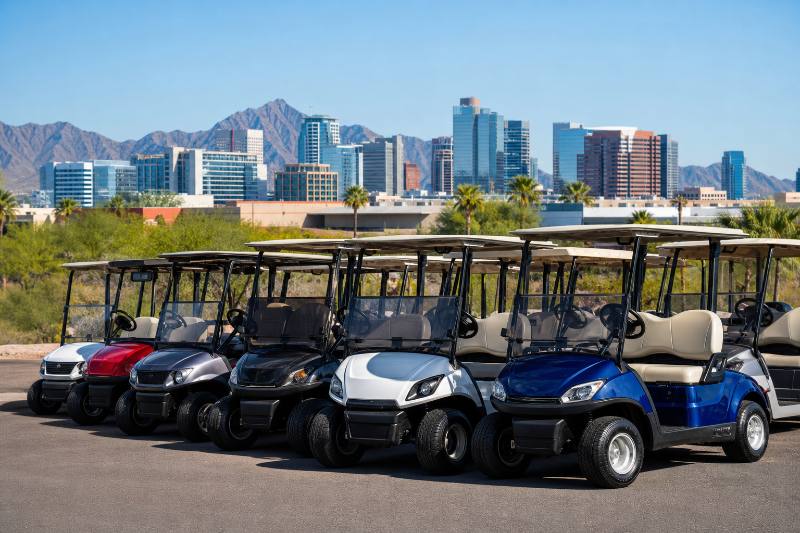 Diverse fleet of golf carts available through Golf Cart Leasing Options in Phoenix, parked in front of a modern business park