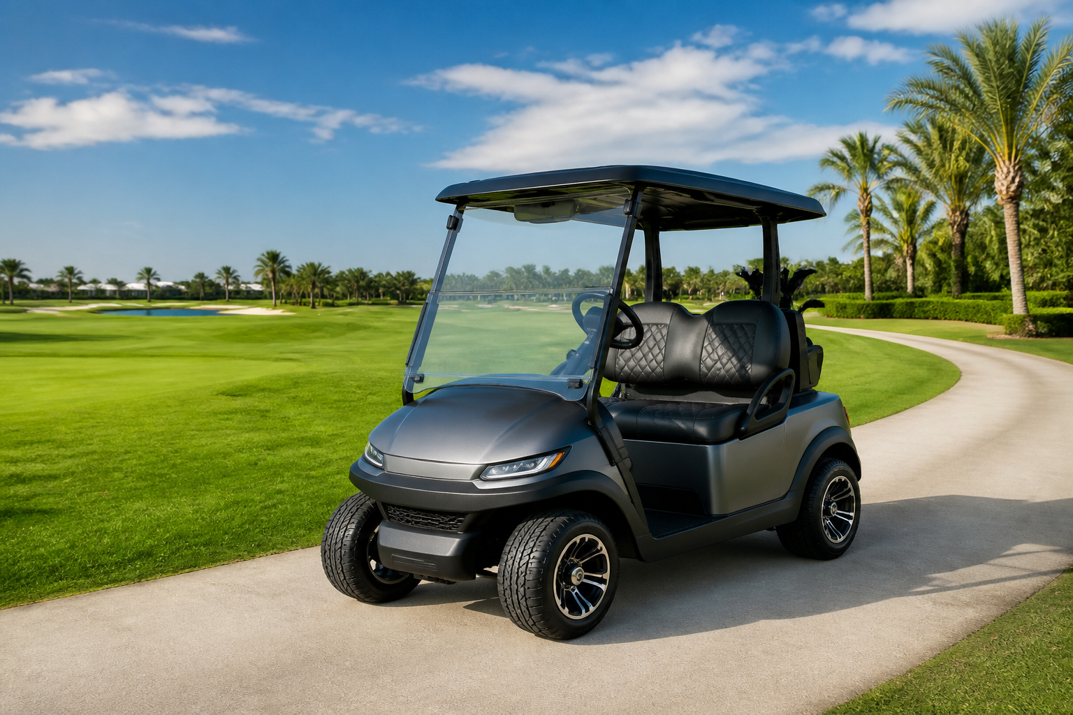 Sleek, modern 2-Passenger Golf Carts parked on a well-maintained property path with lush greenery