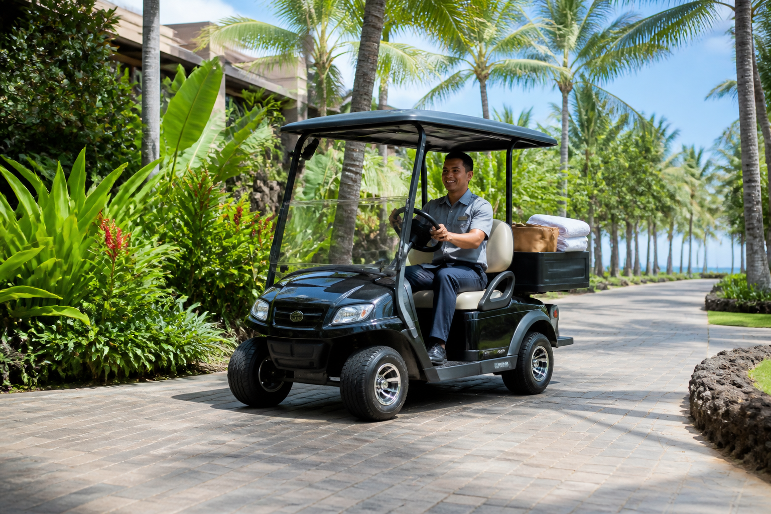 Aerial shot showcasing a 2-Passenger Golf Cart navigating a picturesque, compact environment