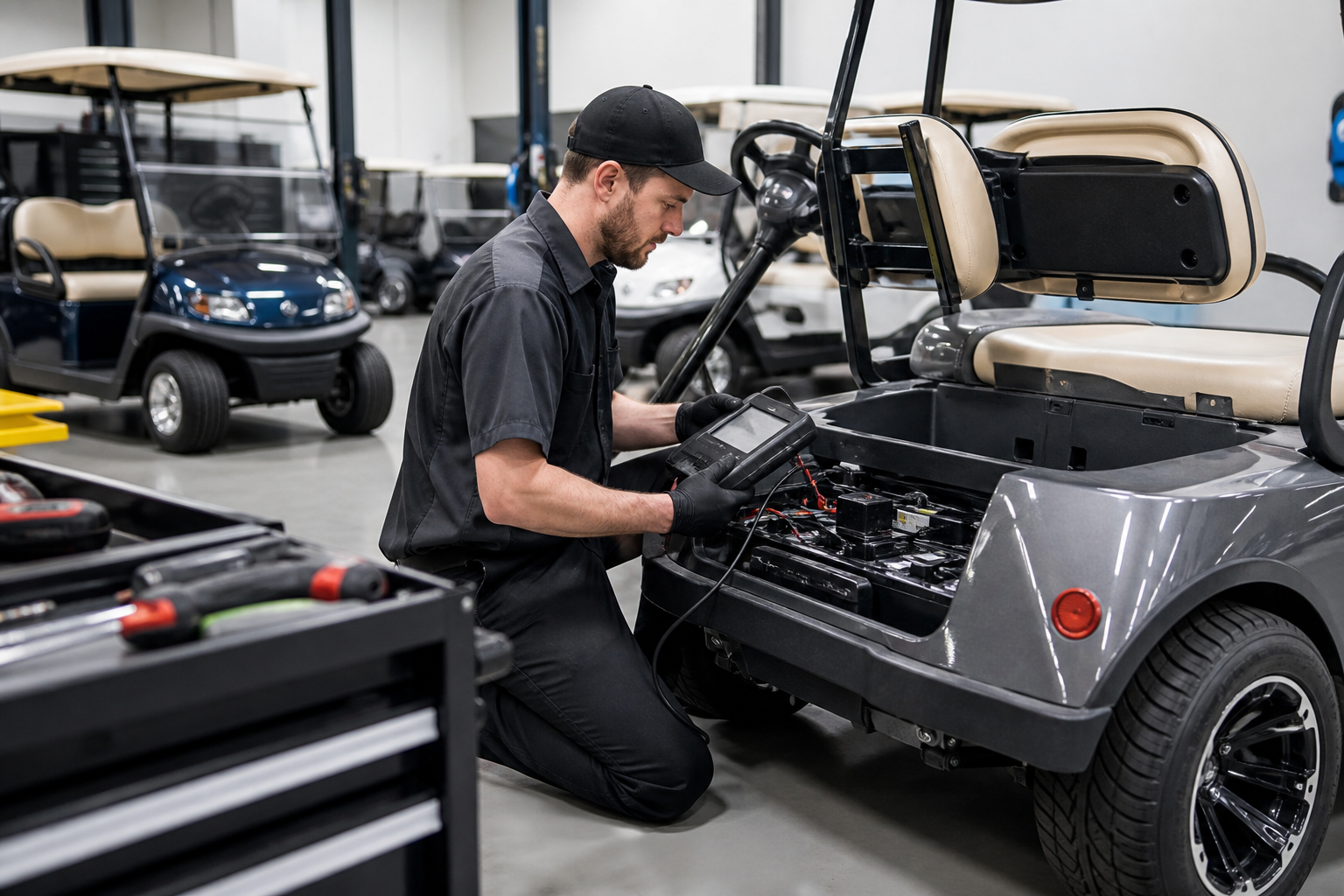 Certified Golf Cart Technicians inspecting an electric golf cart's battery system