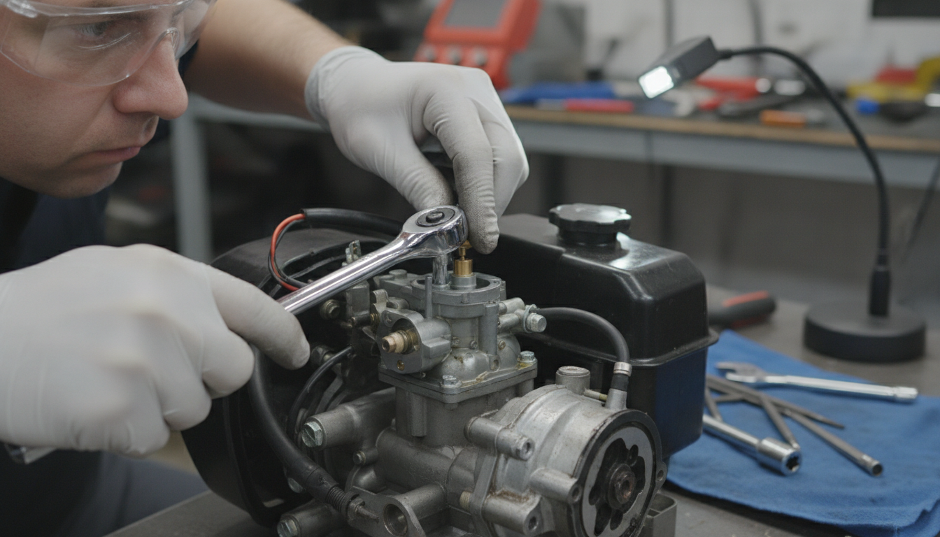 Certified Golf Cart Technicians performing diagnostics on a golf cart with a tablet