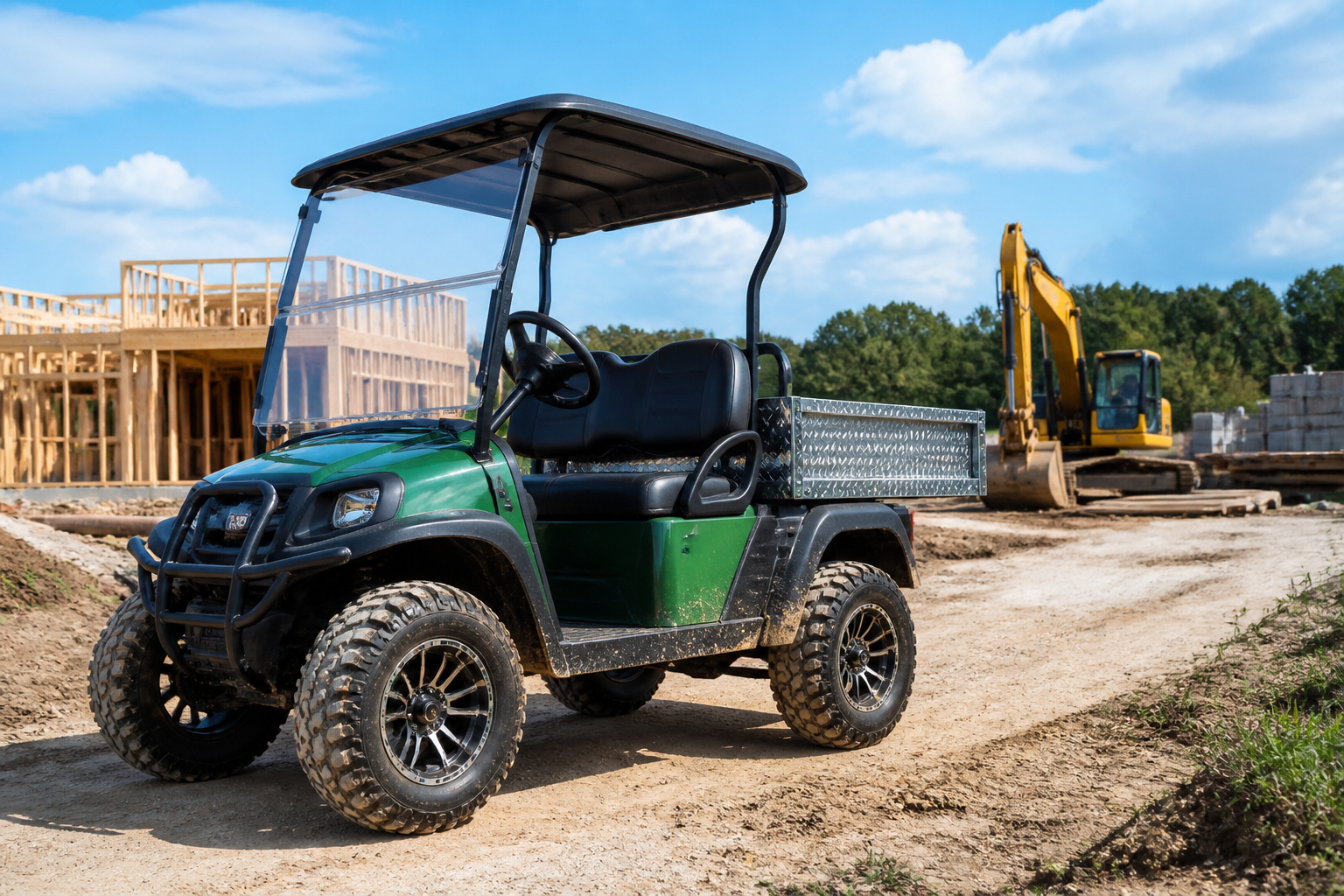Construction Site Golf Carts navigating a busy job site with workers and materials