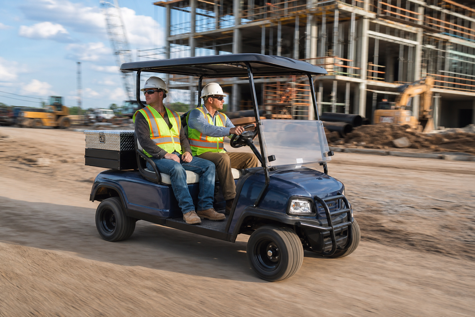 Heavy-duty Construction Site Golf Carts parked on a gravel path near a building site