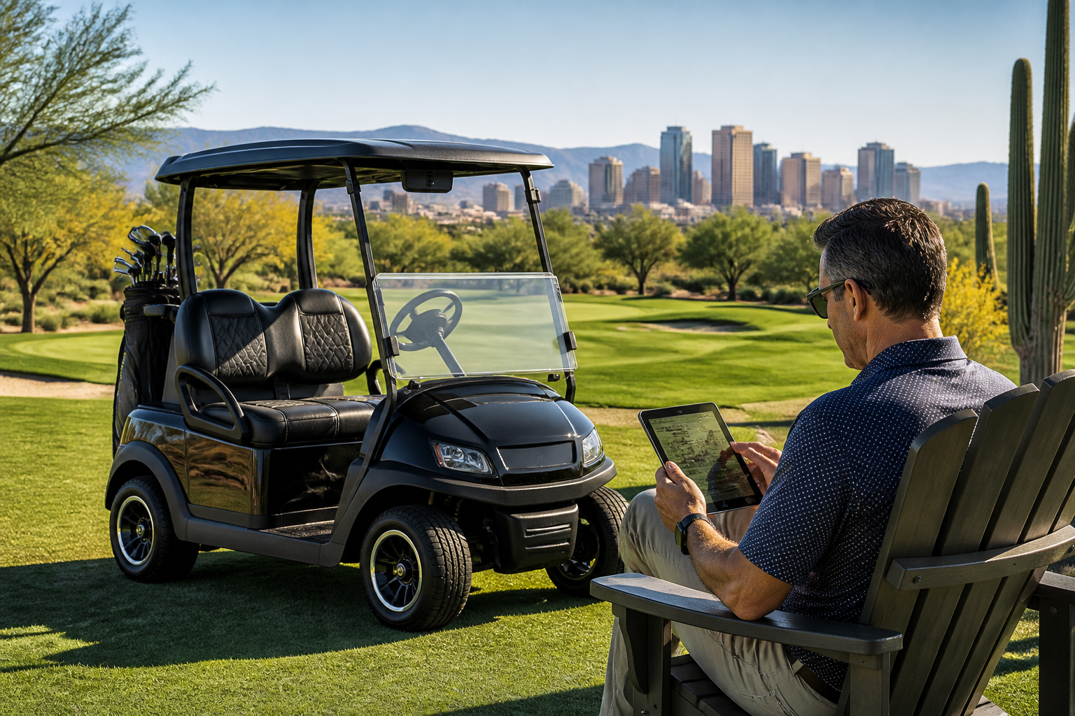 A sleek, modern golf cart parked on a lush green golf course in Phoenix, with the city skyline and saguaro cacti in the background, representing Golf Cart Financing Phoenix.