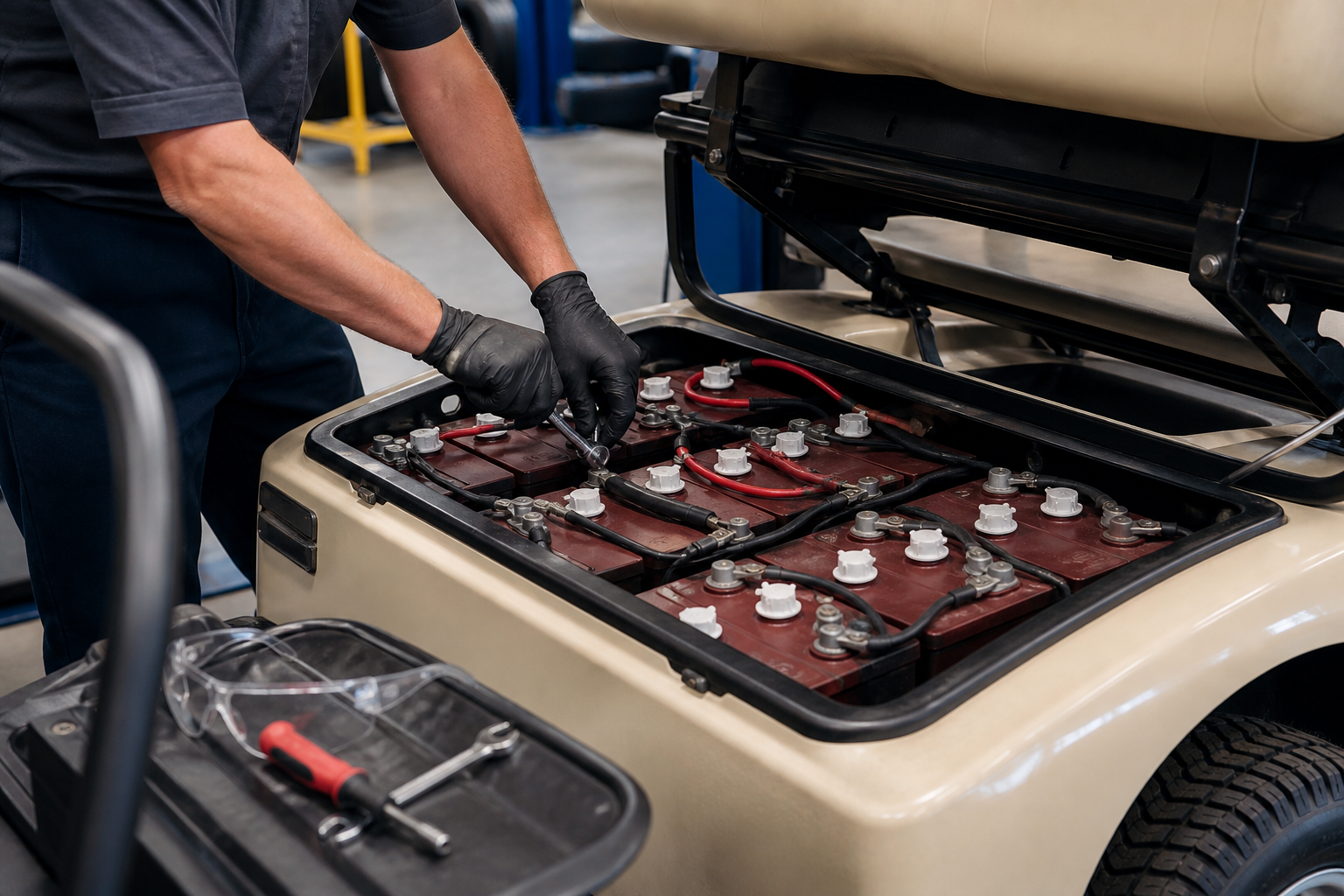 A person performing battery checks as part of Golf Cart Maintenance Tips, ensuring terminals are clean and water levels are correct.