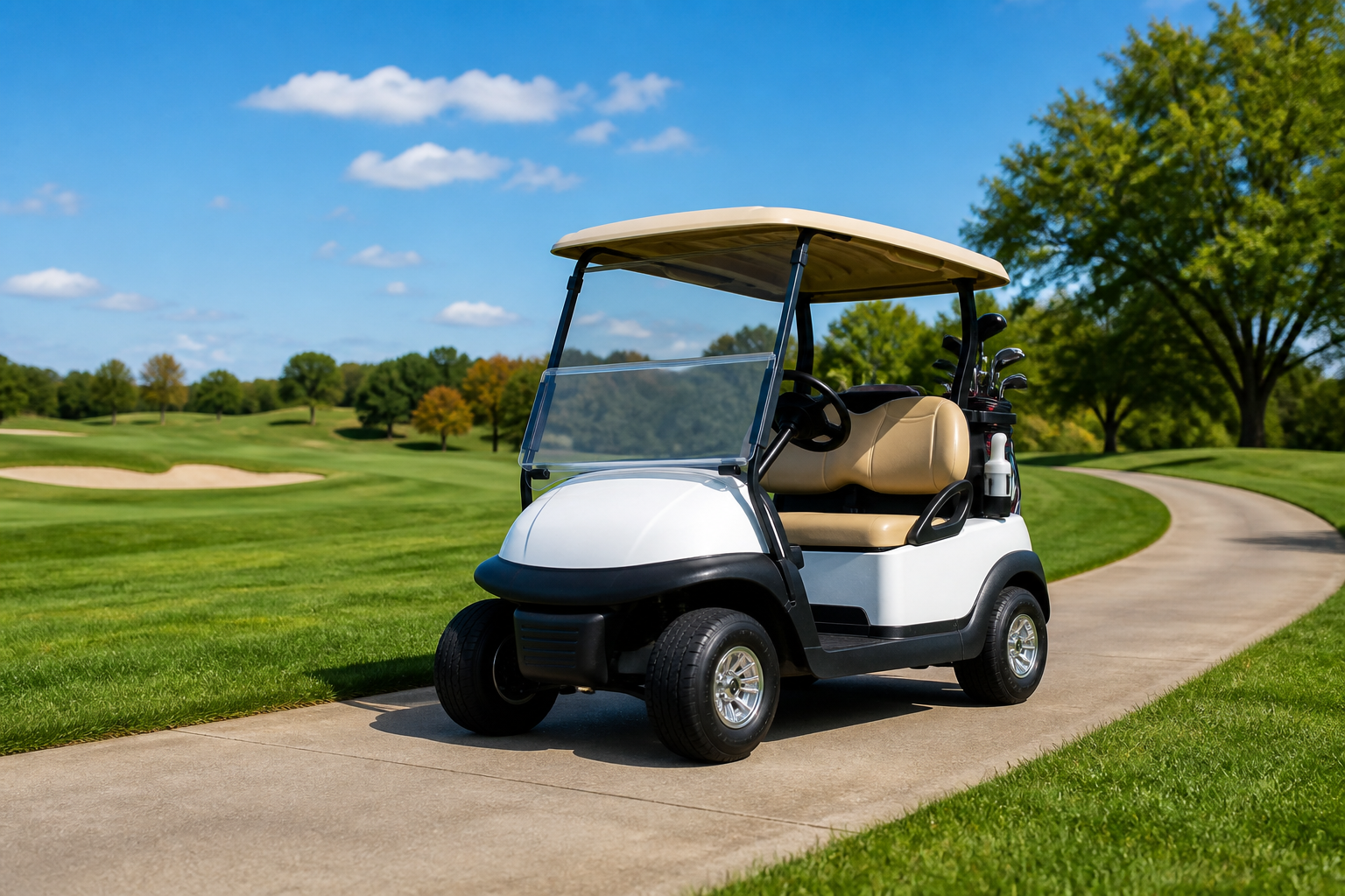 A technician inspecting tires and brakes as part of Golf Cart Maintenance Tips, ensuring safety and performance.