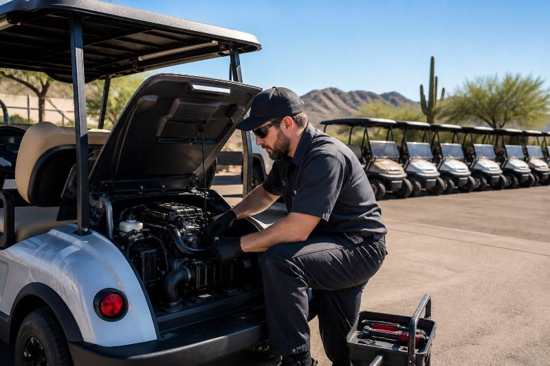 Golf cart being serviced by a technician in a modern dealership workshop, highlighting expert service after Choosing Golf Cart Dealer