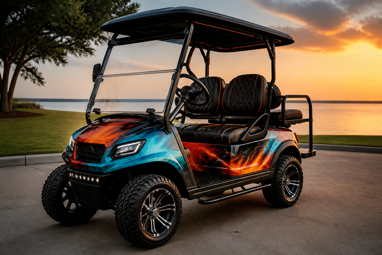 Golf Cart Custom Paint with unique designs against a Phoenix desert backdrop
