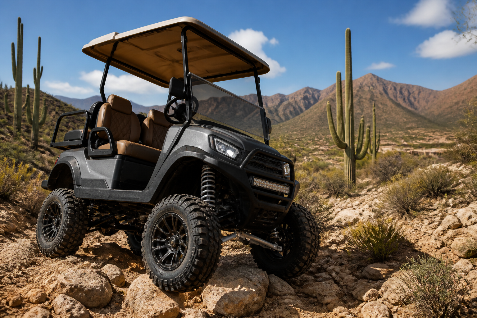 Customized golf cart with enhanced Golf Cart Suspension Phoenix navigating desert terrain