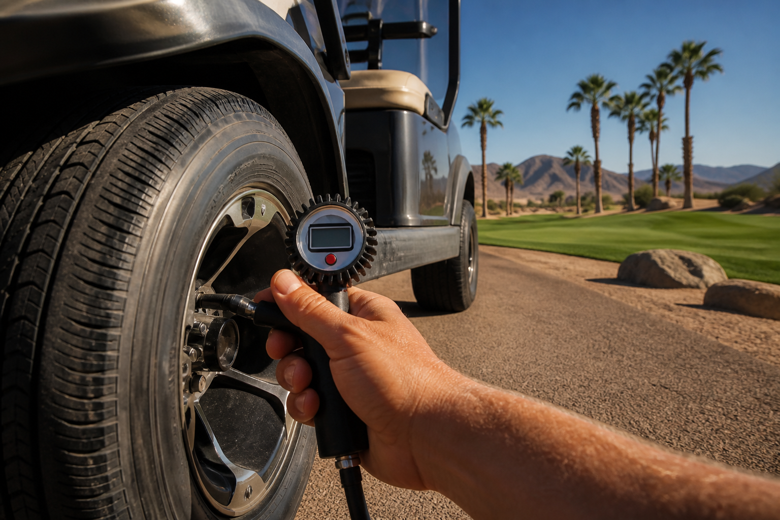 Golf Cart Tire Pressure Gauge on a vibrant green golf cart tire in Phoenix