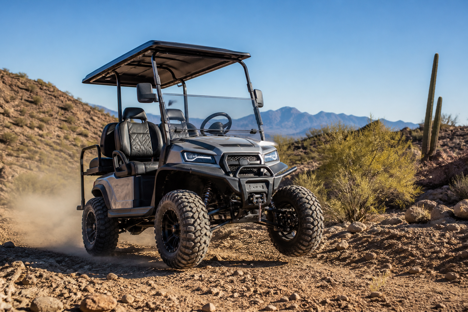An All Terrain Golf Cart with essential upgrades conquering a rugged Phoenix trail.
