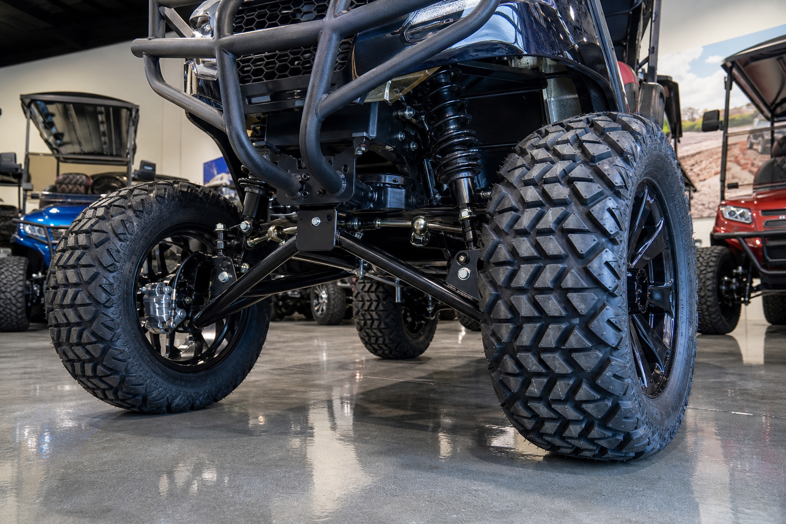 Customized All Terrain Golf Cart ready for adventure with luxury features.