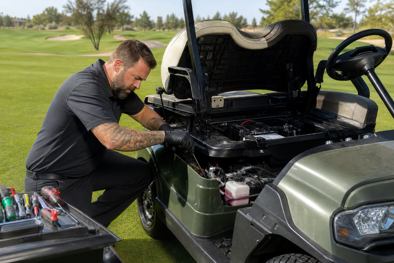 Emergency Golf Cart Repair technician from PHOENIX GOLF CAR SUPERSTORE examining a golf cart in Pompano Beach.