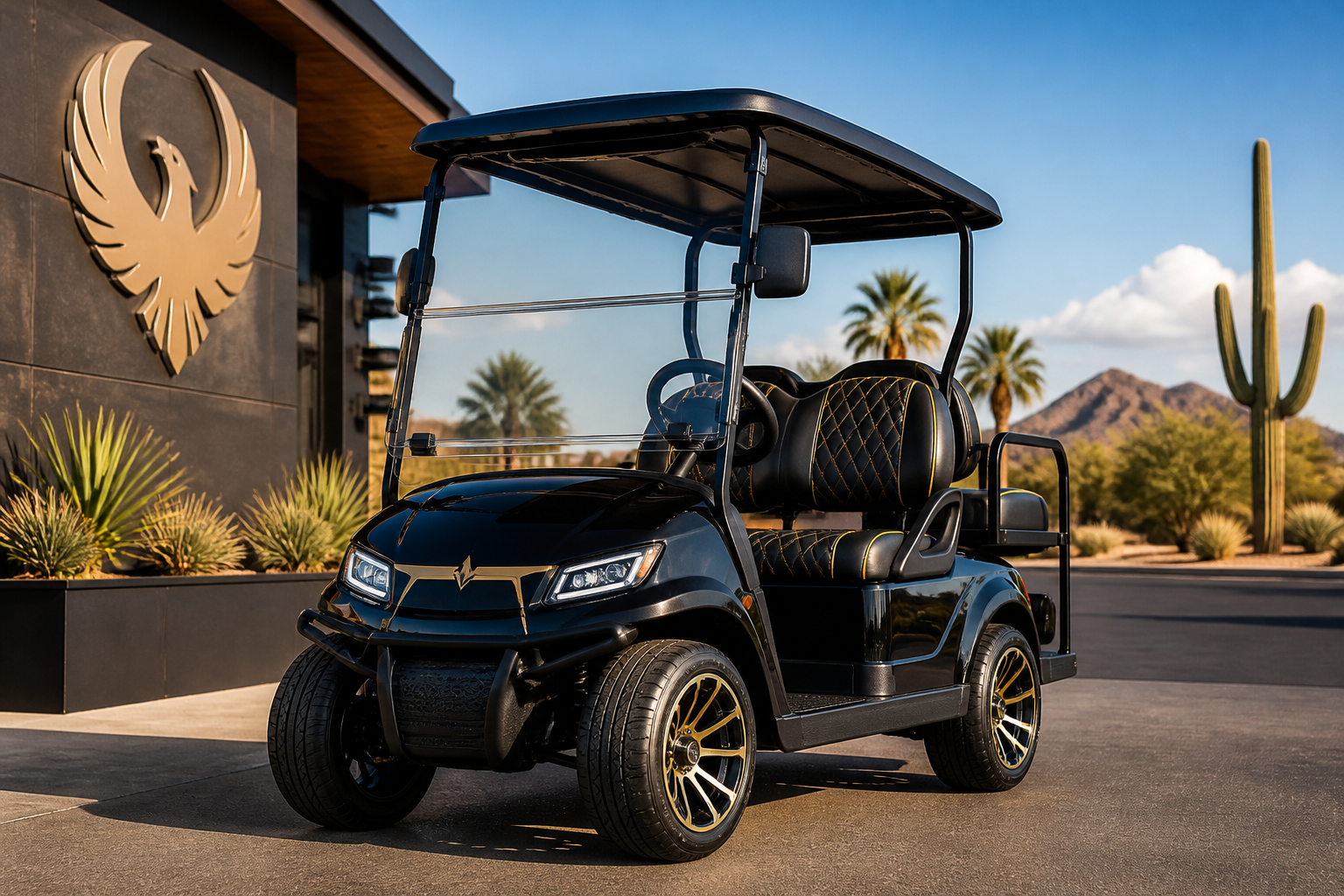 Golf Cart Detailing Phoenix: A shiny, recently detailed 4-passenger electric golf cart parked outdoors in a sunlit, upscale desert community in Phoenix, Arizona, reflecting the clear blue sky.