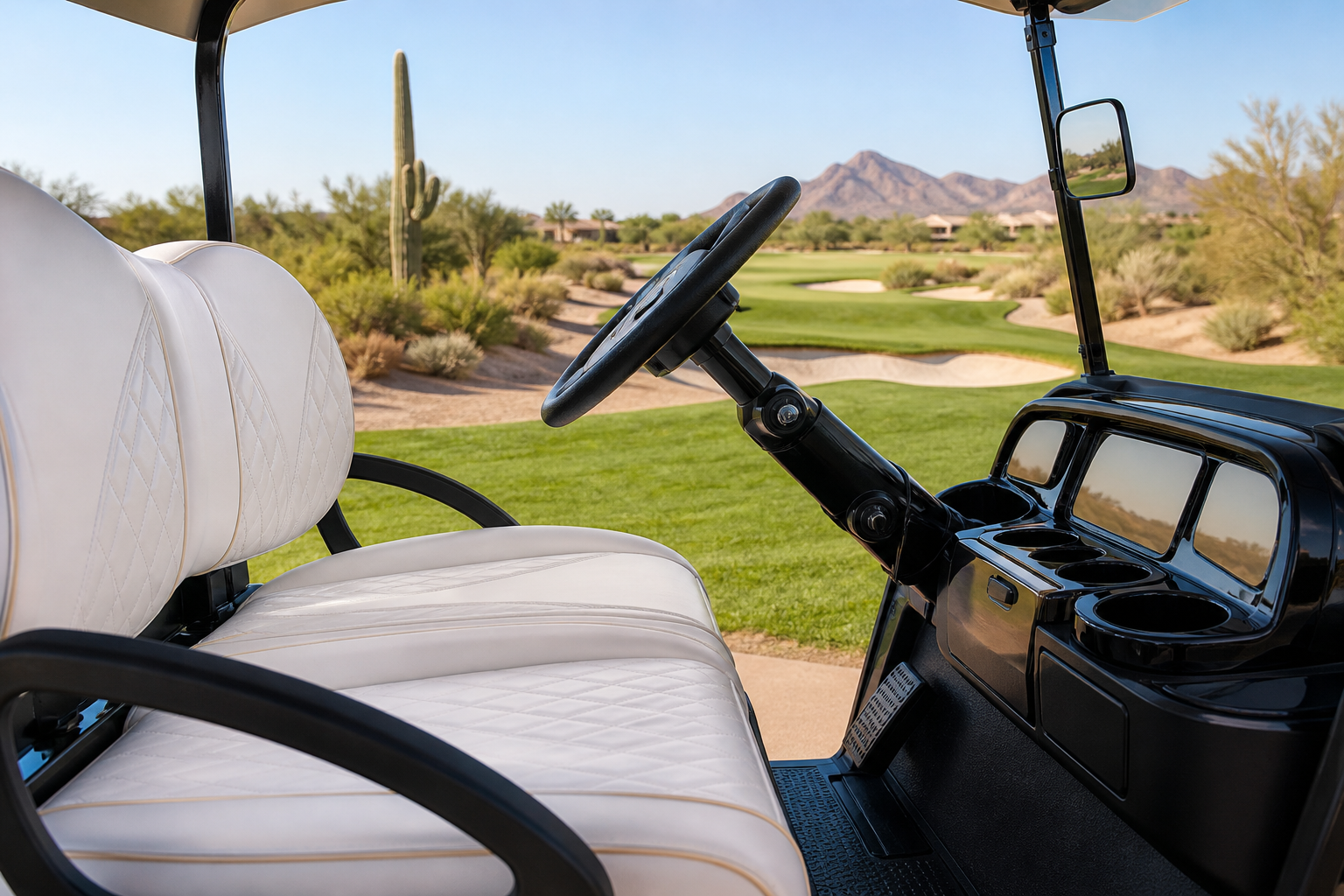 Golf Cart Detailing Phoenix: A close-up of a certified technician from PHOENIX GOLF CAR SUPERSTORE carefully cleaning the interior (e.g., dashboard or seats) of a modern golf cart with professional tools, emphasizing attention to detail and quality.