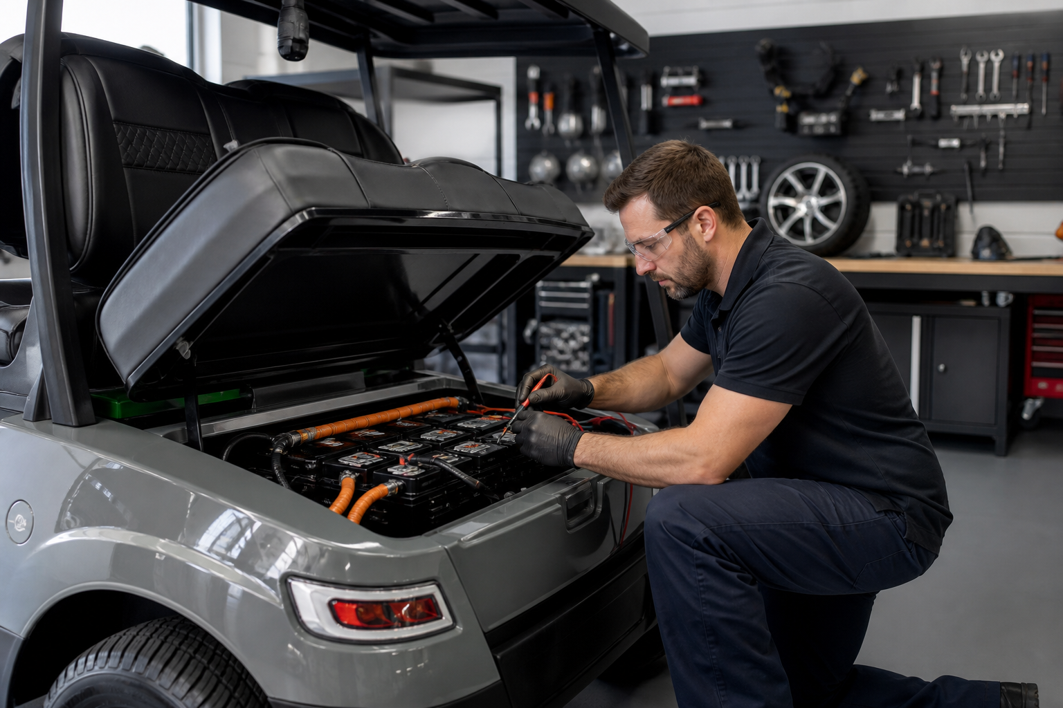 Golf Cart Maintenance Checklist with tools in Phoenix desert