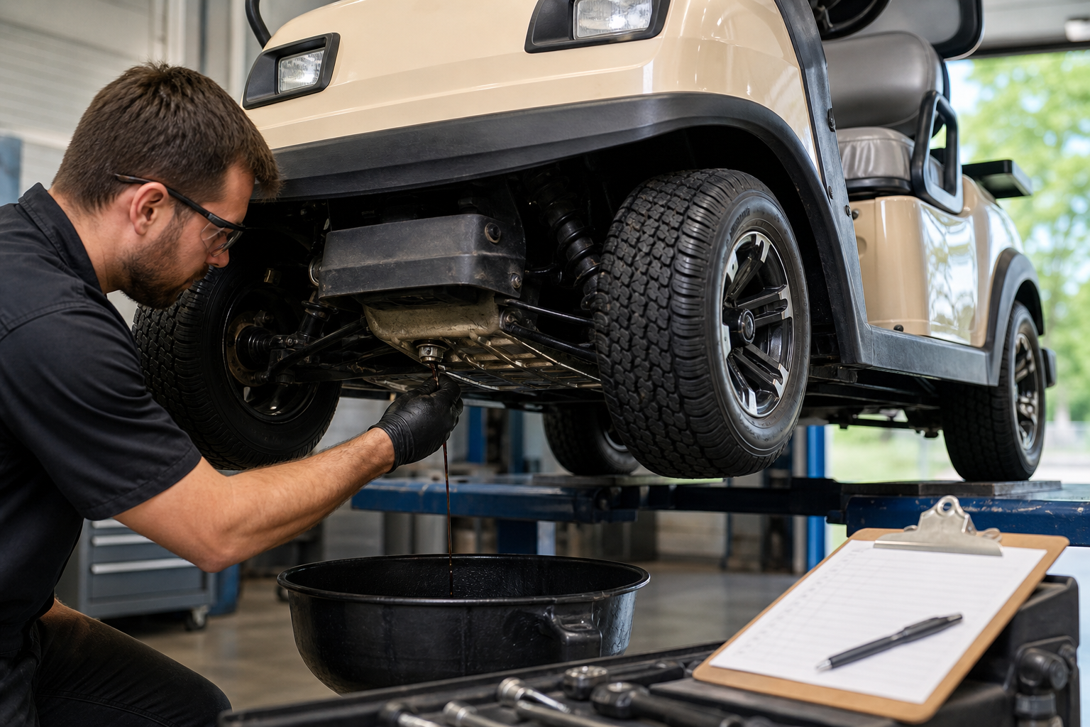 Golf Cart Maintenance Checklist with a person checking tires in Phoenix