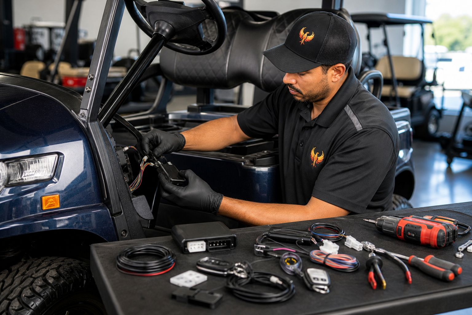 Close-up of a certified technician from Phoenix Golf Car Superstore installing a component of a golf cart security system (e.g., a GPS tracker or an immobilizer module) on a utility golf cart in their Pompano Beach workshop. Tools are visible, and the cart is clearly branded as one they sell (e.g., Yamaha or Madjax).
