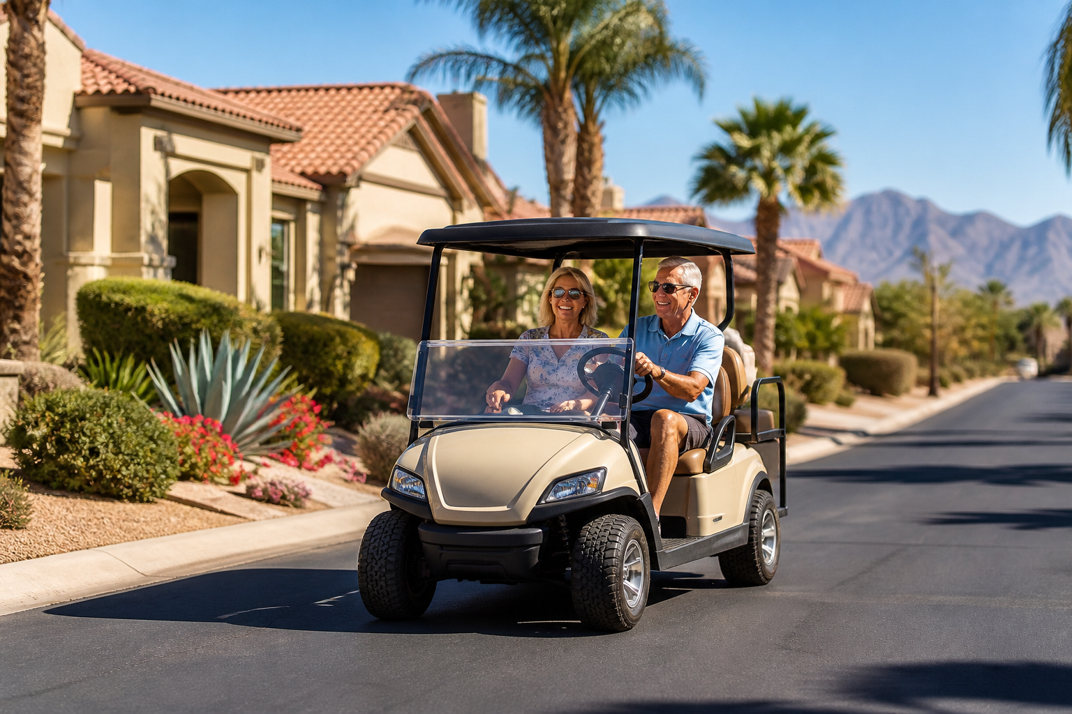 Residents enjoying HOA Golf Cart Rental Benefits in a sunny Phoenix community