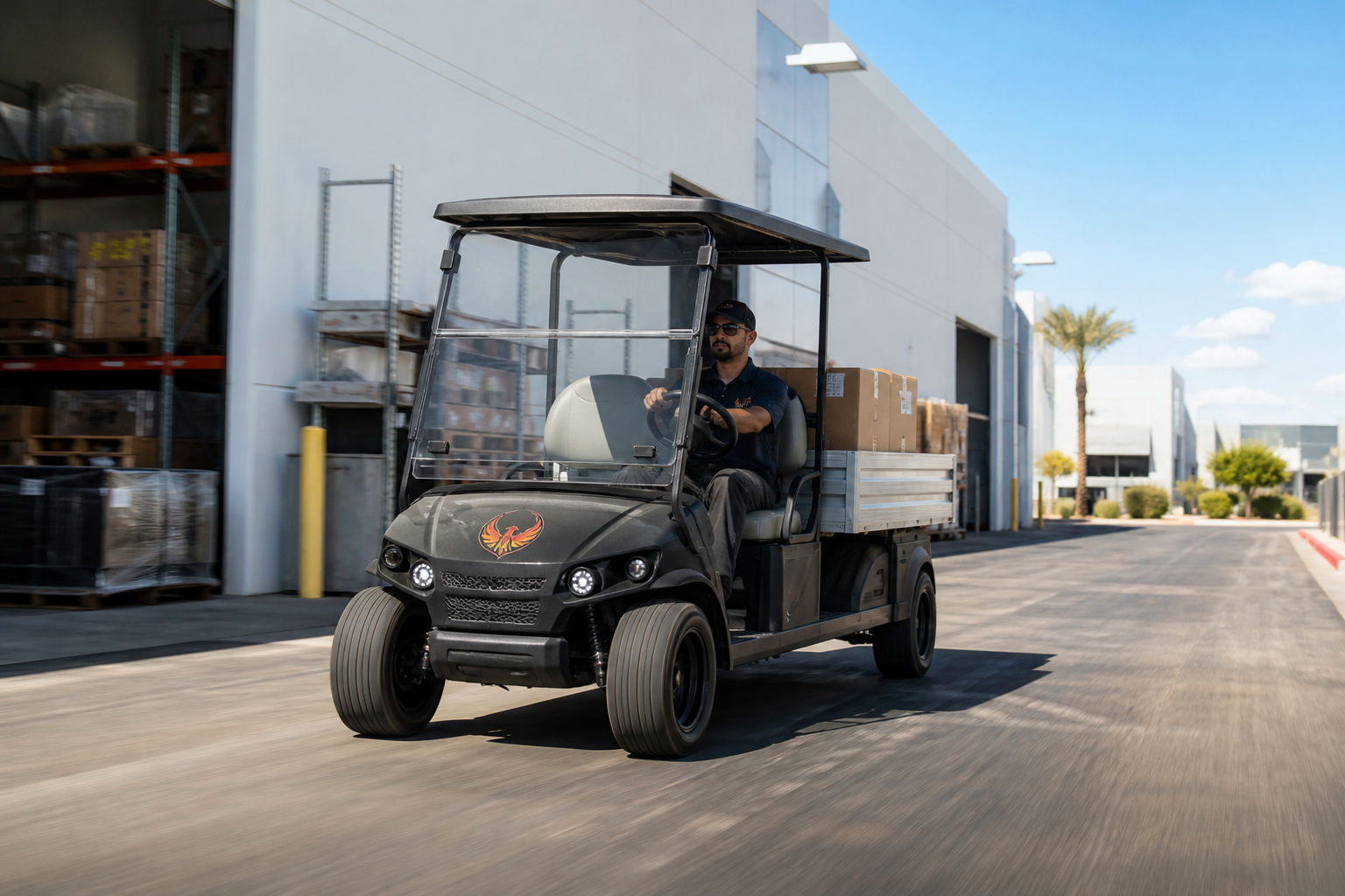 Industrial Golf Carts Phoenix: Durable utility vehicle in a sunny commercial setting.