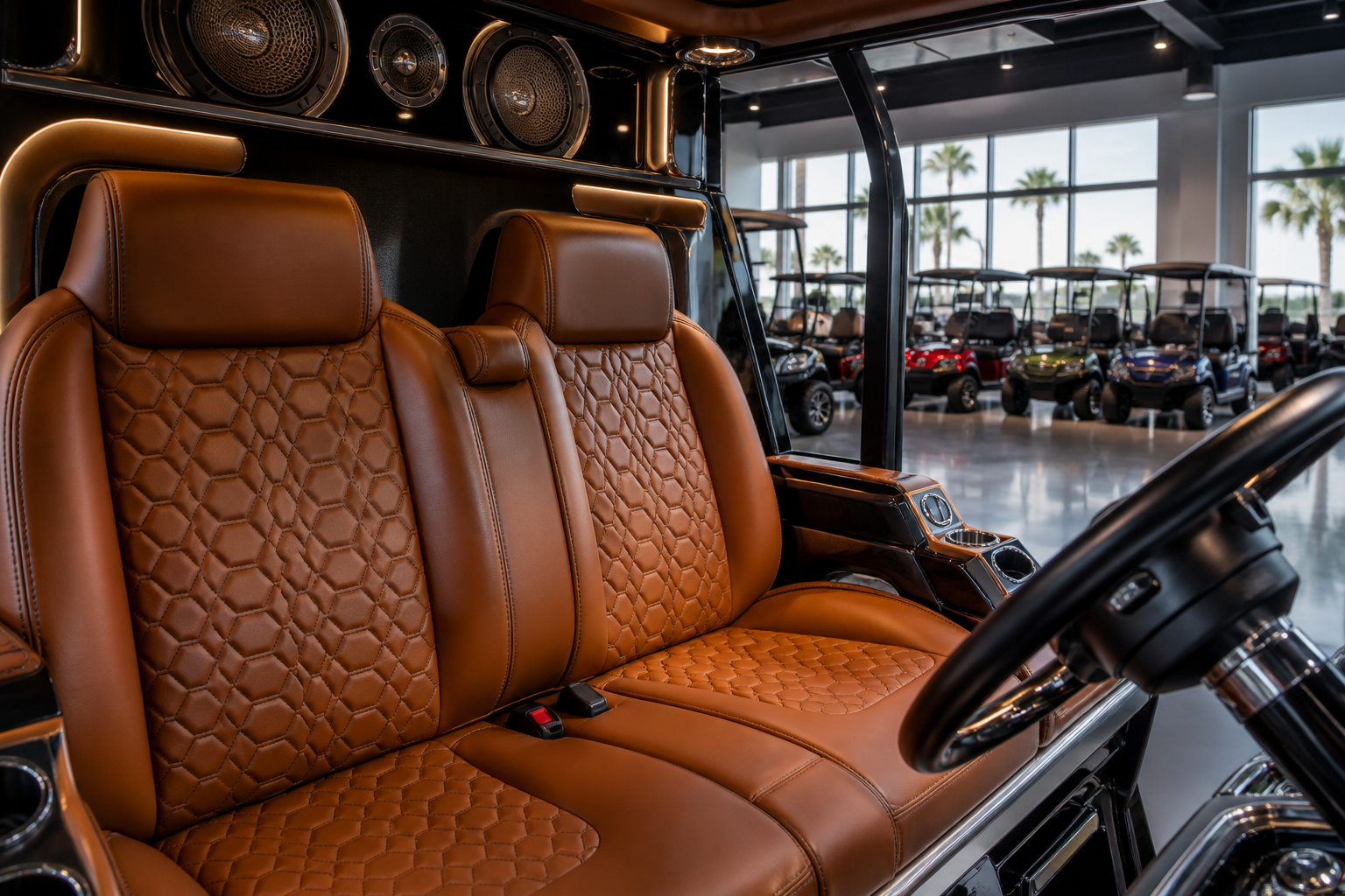 Premium Golf Cart Features Phoenix: A close-up shot showcasing advanced technology features inside a premium golf cart, such as a digital dashboard with integrated GPS, a premium sound system, or climate-controlled seating, with a subtle backdrop suggesting the vibrant Phoenix desert landscape.