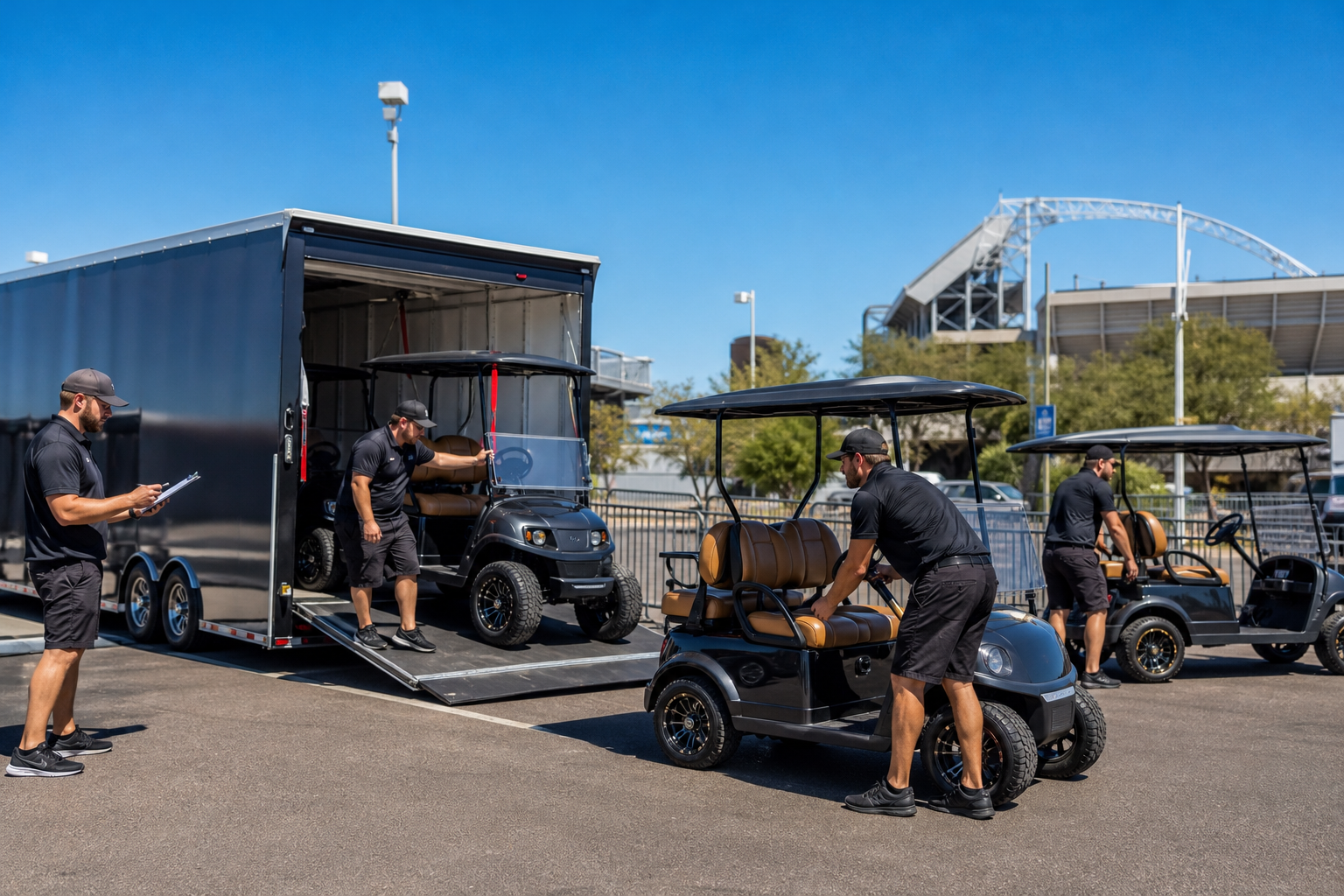 Sporting Event Rental solutions: A fleet of PHOENIX GOLF CAR SUPERSTORE's varied golf carts ready for a South Florida sporting event.